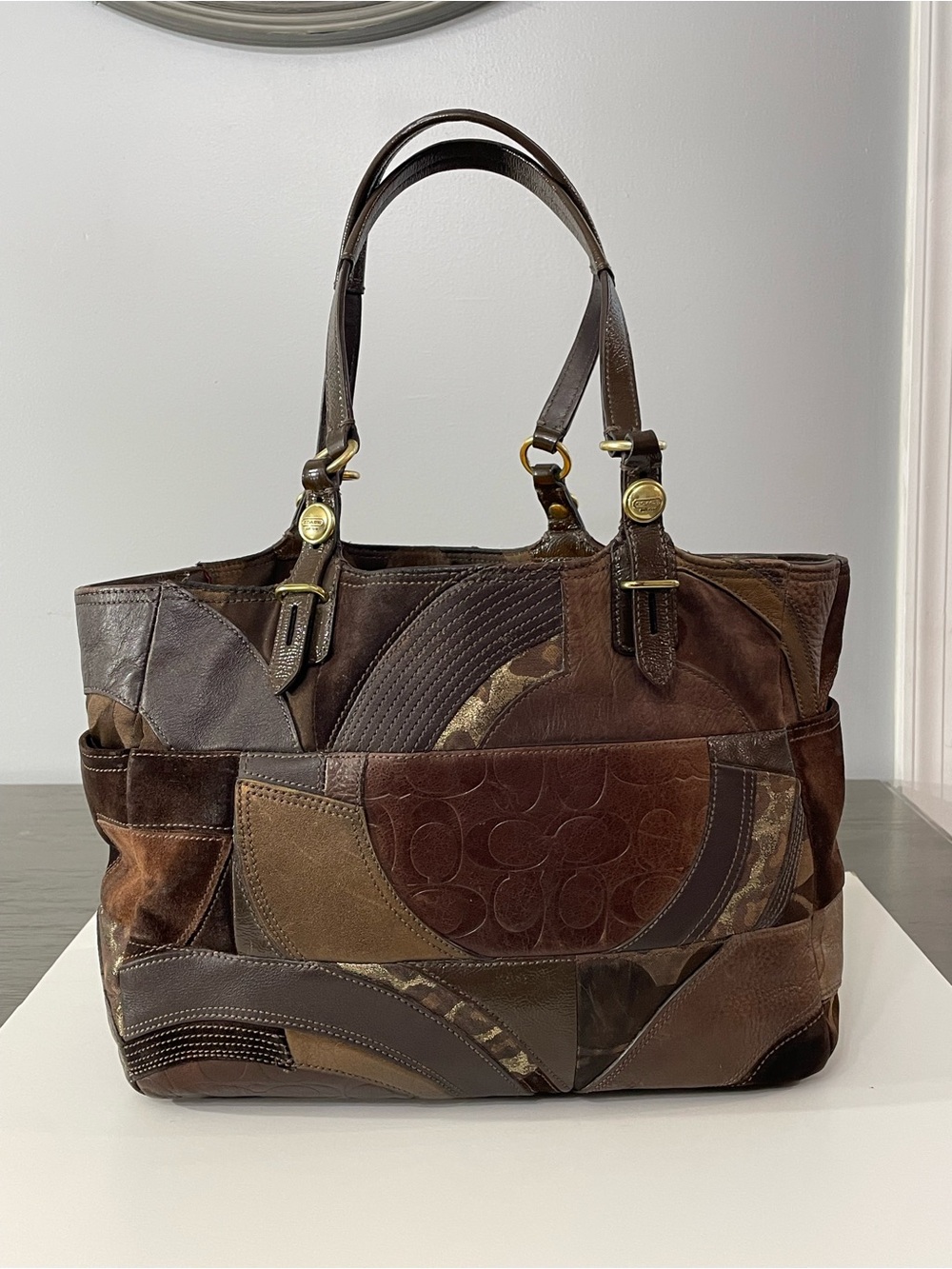 Coach Patchwork Leather Tote in Brown and Tan